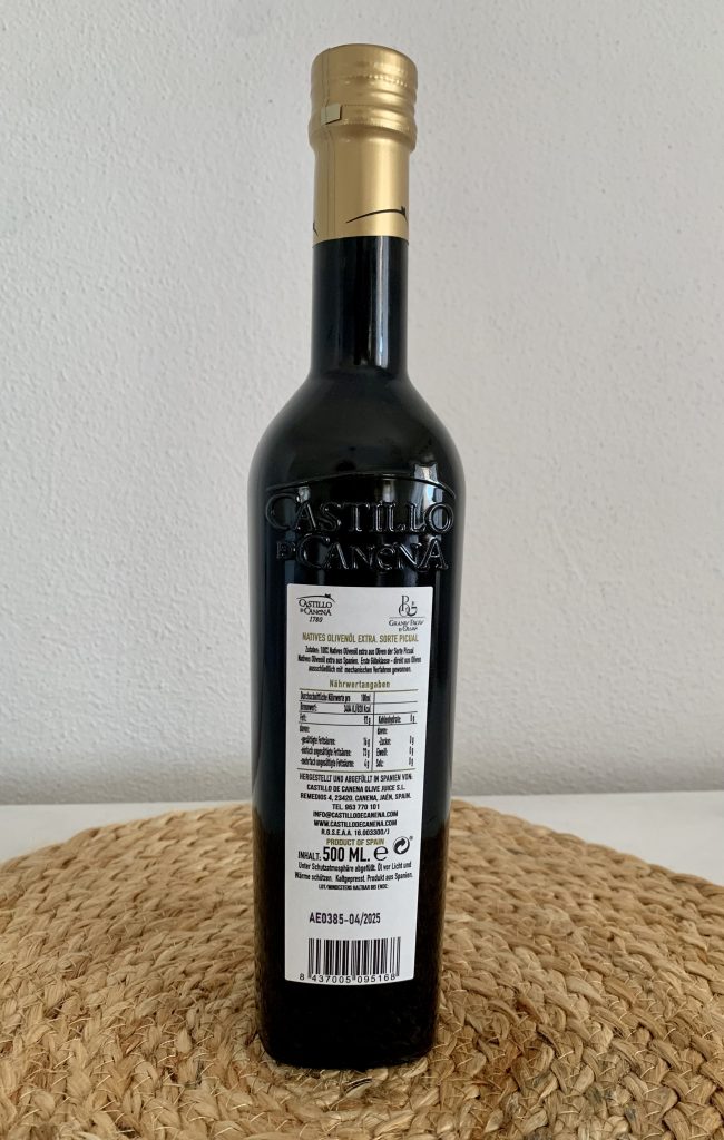 Reserva Familiar Castillo de Canena Picual Natives Olivenöl extra Rückseite der Flasche