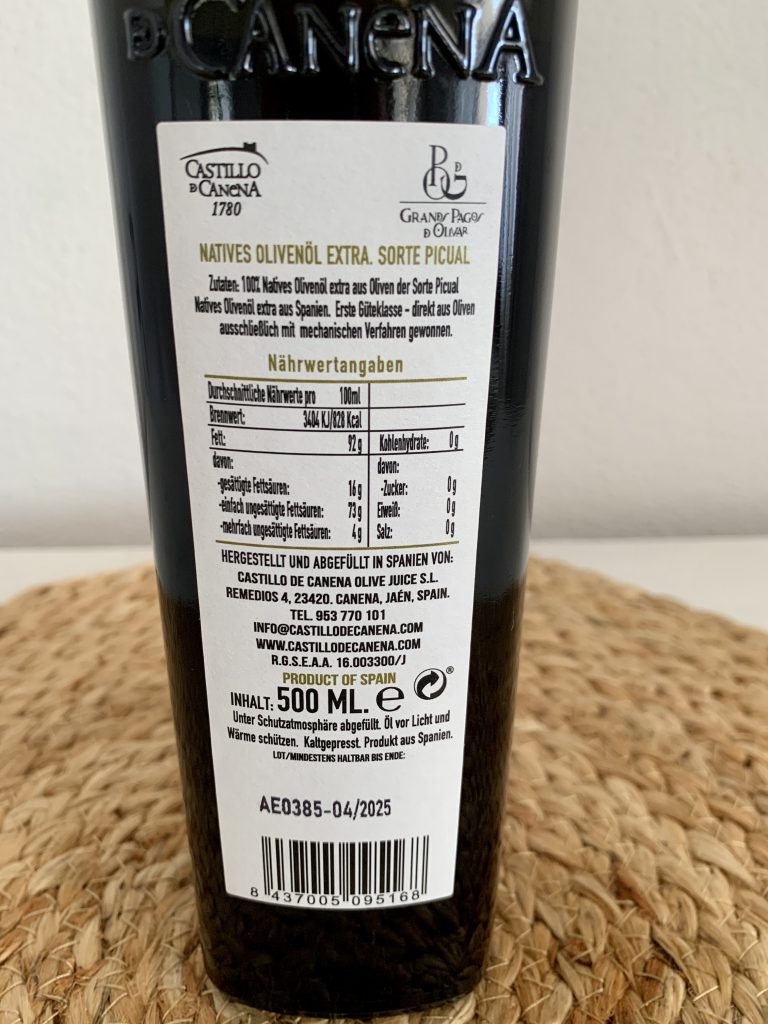 Reserva Familiar Castillo de Canena Picual Natives Olivenöl extra rückseitiges Flaschenetikett Nahaufnahme