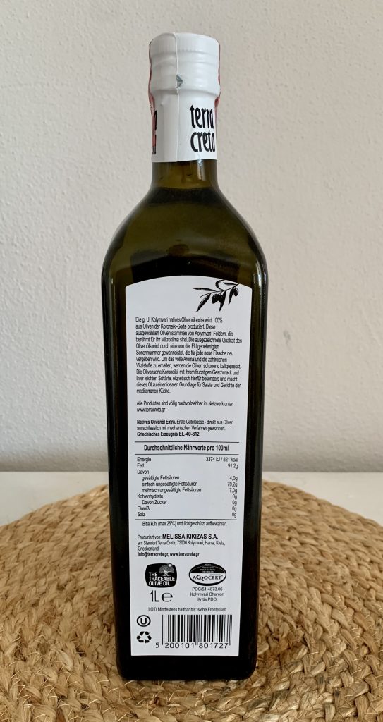 Terra Creta Extra natives Olivenöl Rückseite der Flasche