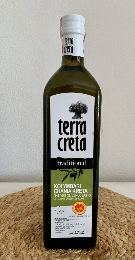 Terra Creta Extra natives Olivenöl Vorderansicht der Flasche