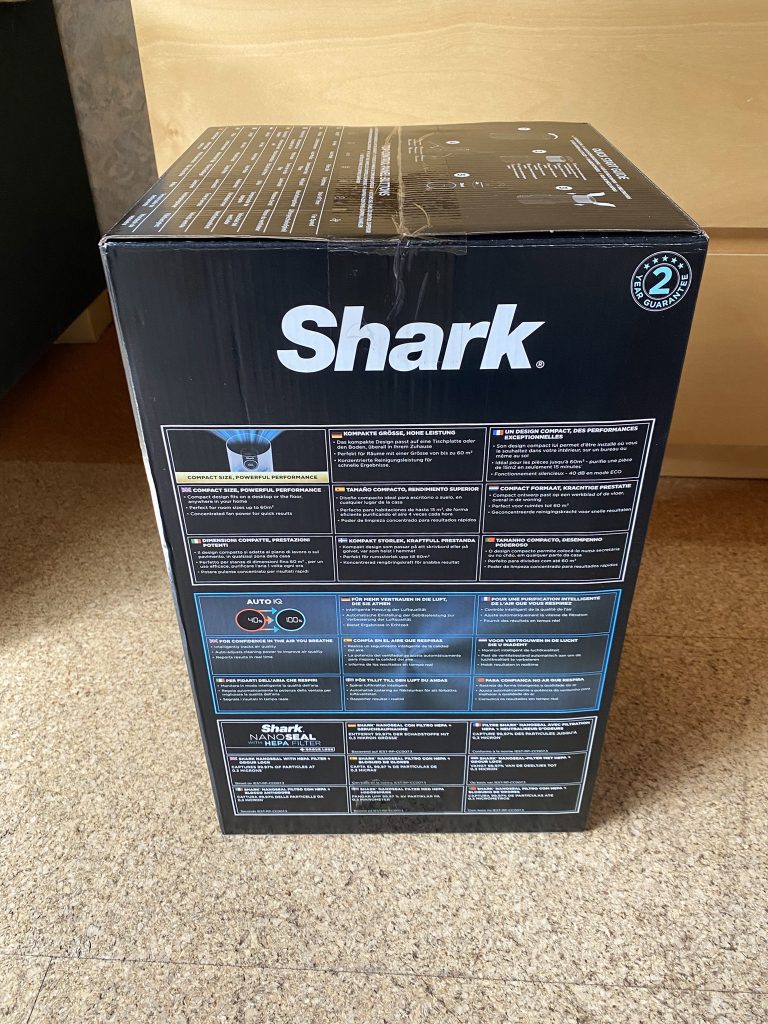 Shark HEPA Luftreiniger HP100EU Verpackung Seite
