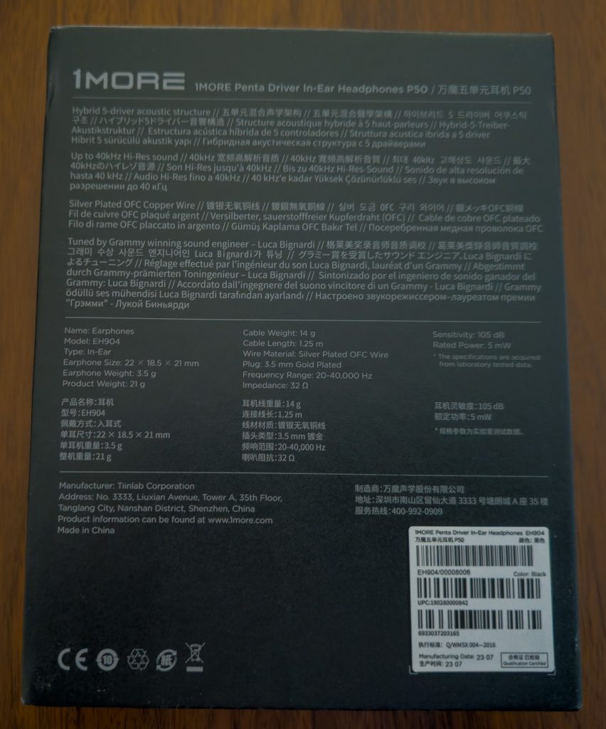 1More Penta Driver P50 Kopfhörer Verpackung Rückseite