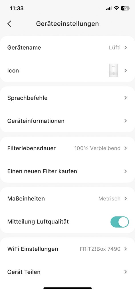 Levoit VeSync Core 300S Luftreiniger App Geräteeinstellungen