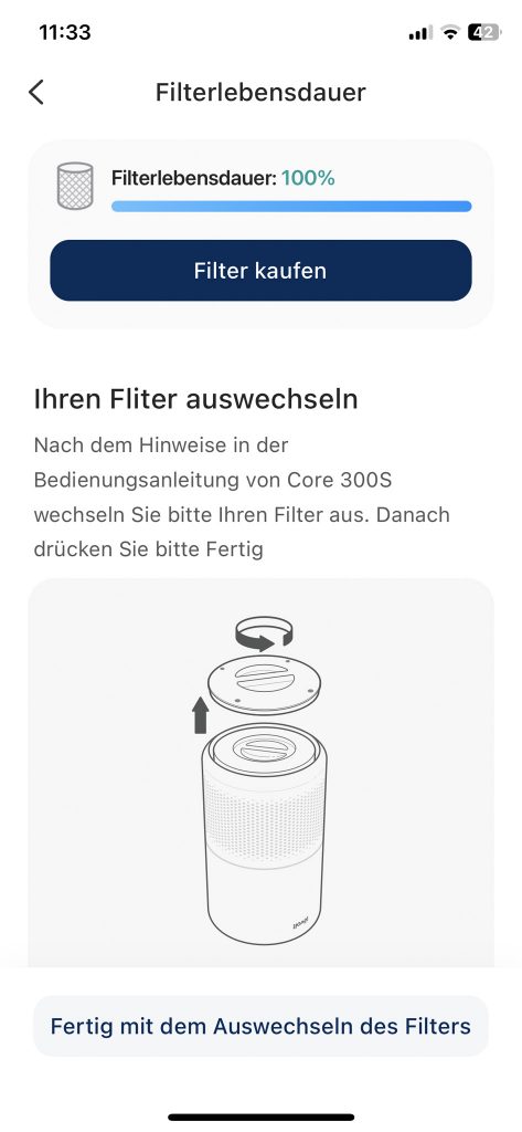 Levoit VeSync Core 300S Luftreiniger App Filterstatus