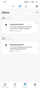 Alarmierungen in der App der Owltron W1 Überwachungskamera