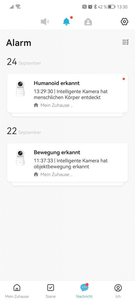 Alarmierungen in der App der Owltron W1 Überwachungskamera