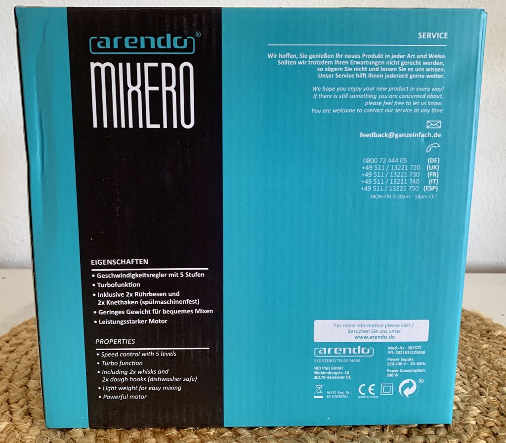 Arendo ‎A304749x3 Handmixer im Karton von der linken Seite