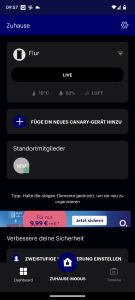 Canary Pro Überwachungskamera Hauptansicht in der App mit Geolokalisierung