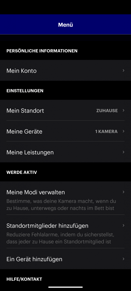 Canary Pro Überwachungskamera Menü in der App