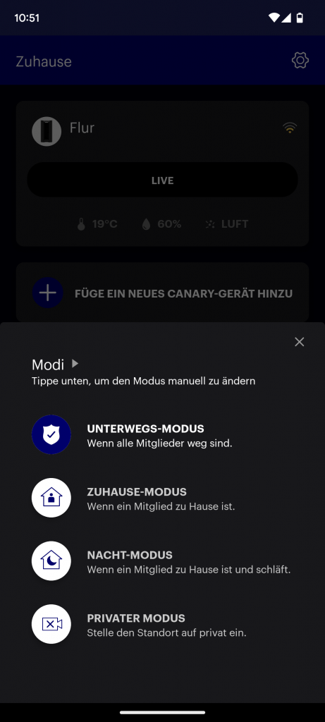 Canary Pro Überwachungskamera Modi in der App