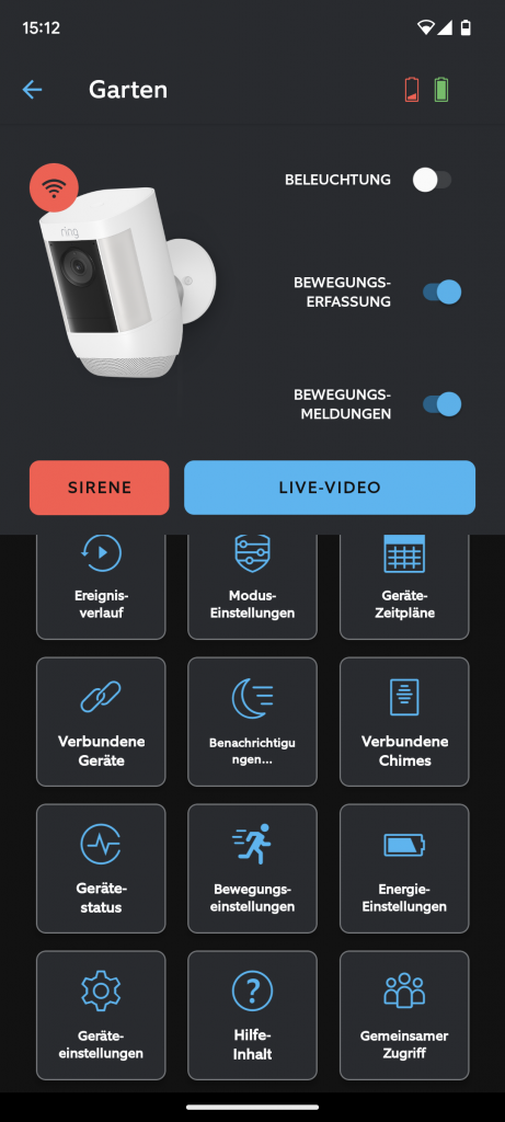 Einstellungen in der App der Ring Spotlight Cam Pro Überwachungskamera