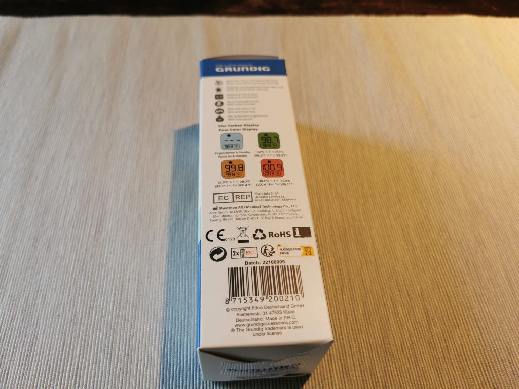 Grundig 20021 Stirnthermometer Verpackung Seite 2