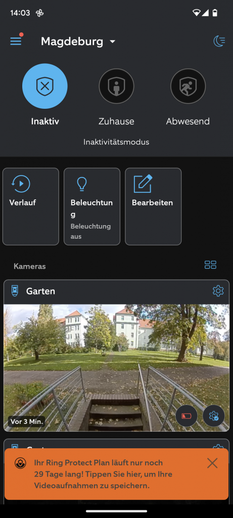 Hauptmenü der App der Ring Spotlight Cam Pro Überwachungskamera