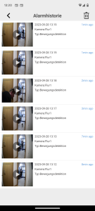 HiKam Q8 Überwachungskamera Auflistung der Alarmierungen in der App