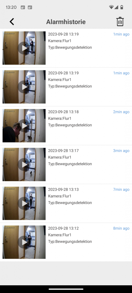HiKam Q8 Überwachungskamera Auflistung der Alarmierungen in der App