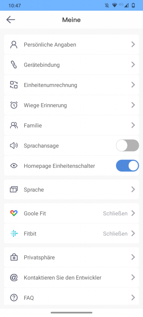 INSMART Personenwaage App Einstellungen