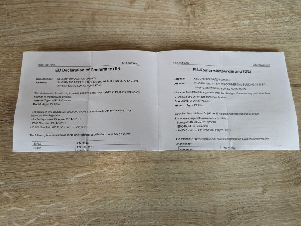 Konfirmationserklärung der Reolink Argus PT Ultra Überwachungskamera