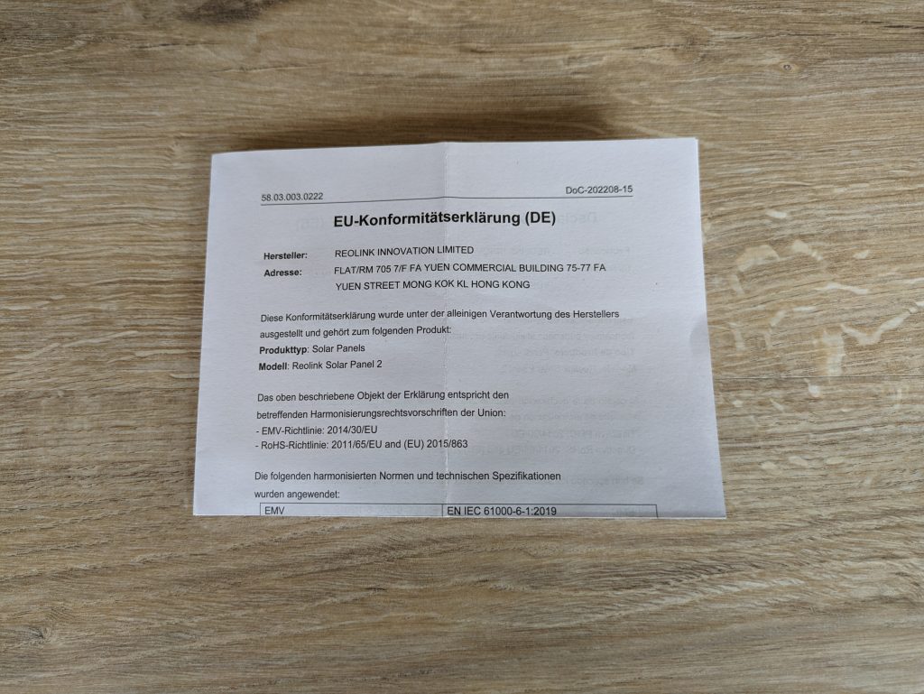 Konfirmationserklärung des Solarmoduls der Reolink Argus PT Ultra Überwachungskamera