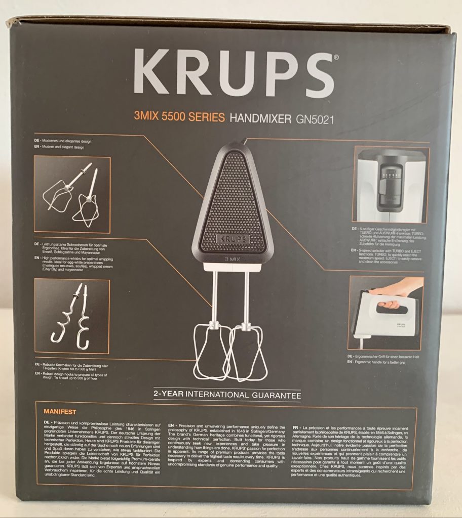 Krups 3 Mix GN5021 Handmixer im Karton on der Seite