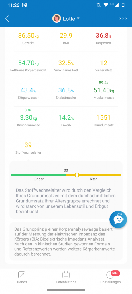 RENPHO WLAN-Smart-Waage App Einzelwerte Infos