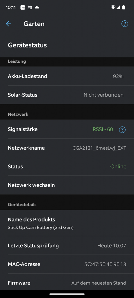 Ring Stick Up Cam Battery Überwachungskamera Übersicht in der App