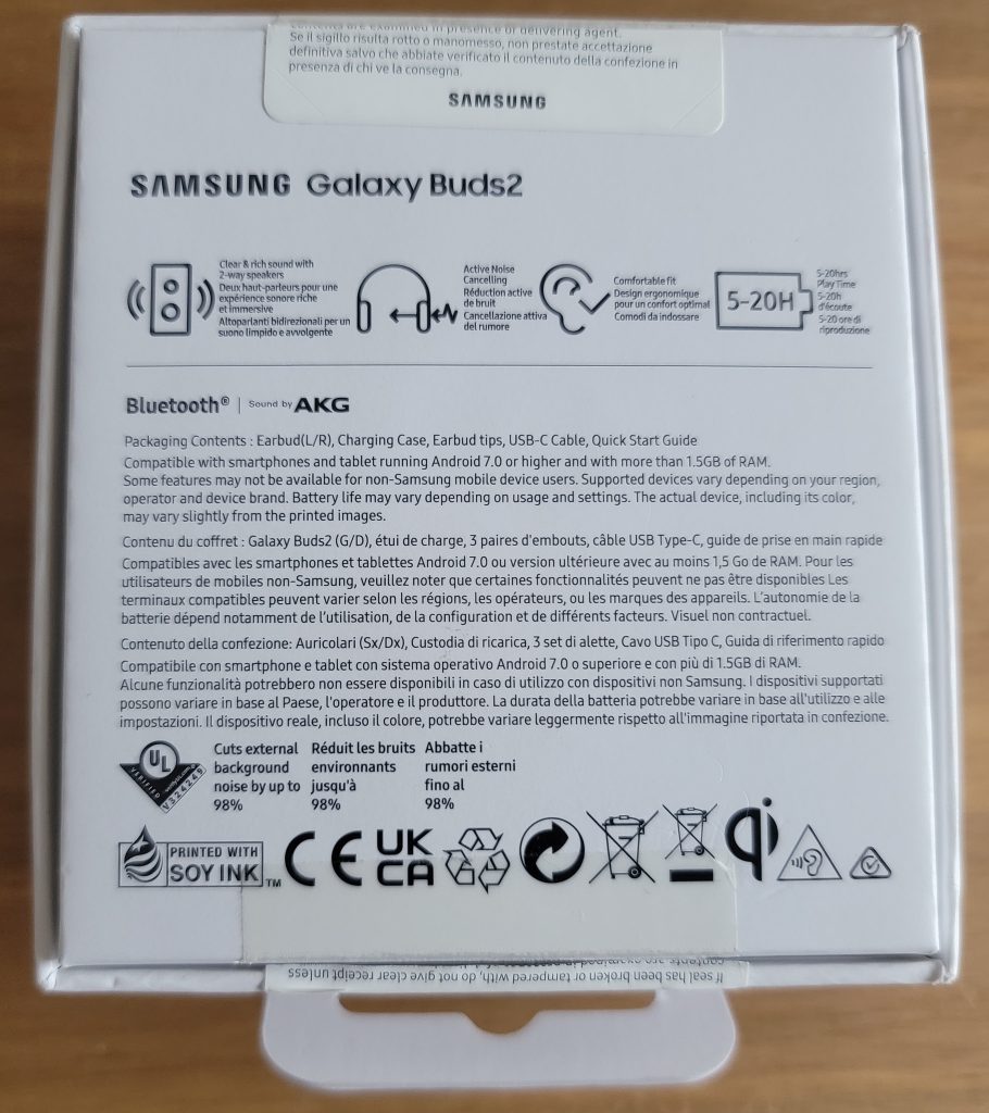 Samsung Galaxy Buds 2 Kopfhörer Verpackung Rückseite