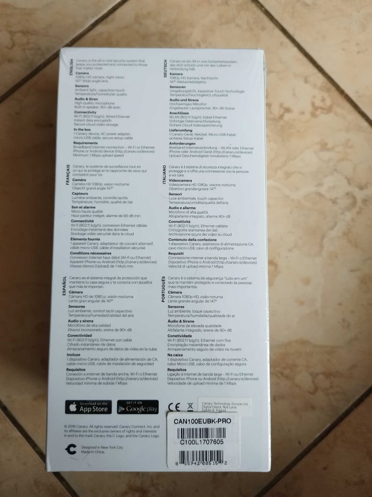 Verpackung der Canary Pro Überwachungskamera von hinten