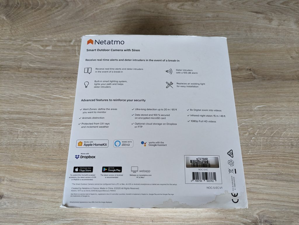 Verpackung der Netatmo Presence Überwachungskamera von hinten