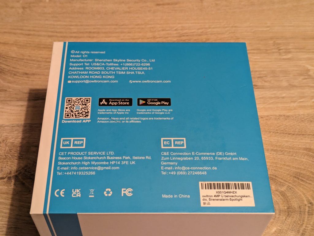 Verpackung der Owltron O1 Überwachungskamera von hinten