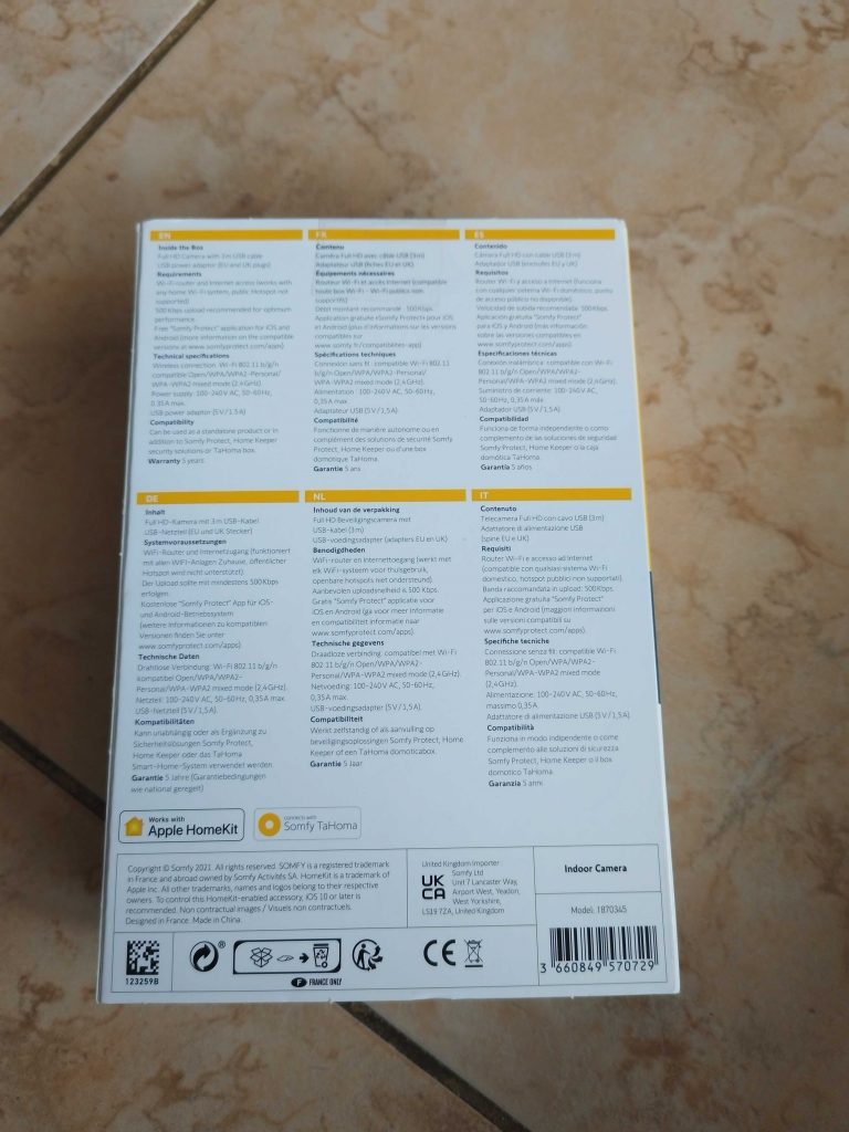 Verpackung der Somfy 1401507 Überwachungskamera von hinten