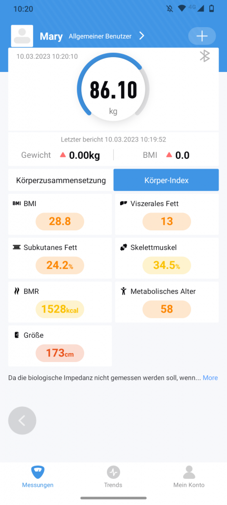 Vitafit Personenwaage App Messwerte