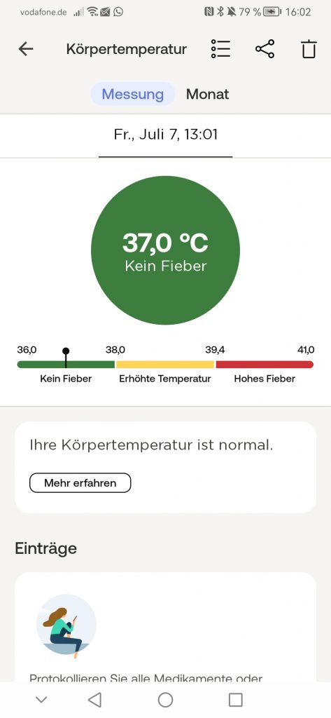 Withings Thermo Schläfenthermometer App Temperaturanzeige