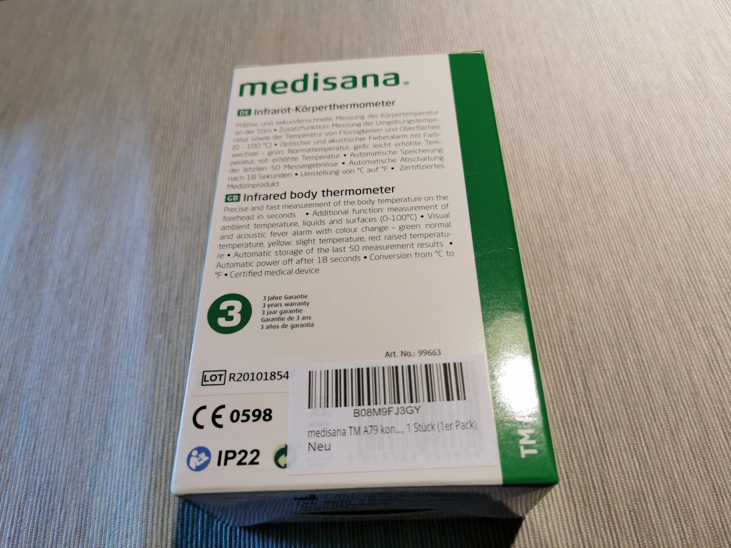 medisana TM A79 Stirnthermometer Verpackung hinten