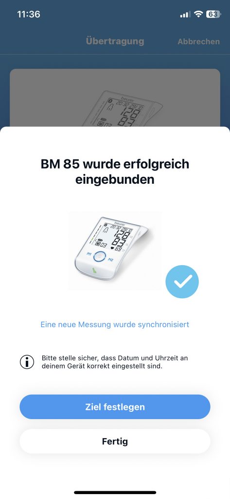 Beurer BM 85 Oberarm-Blutdruckmessgerät App Messung synchronisieren