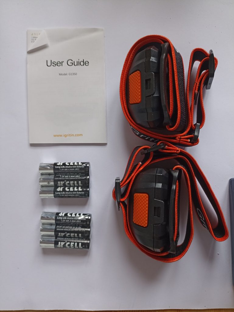 2 Gritin G1350 Stirnlampen, Lieferumfang ausgepackt