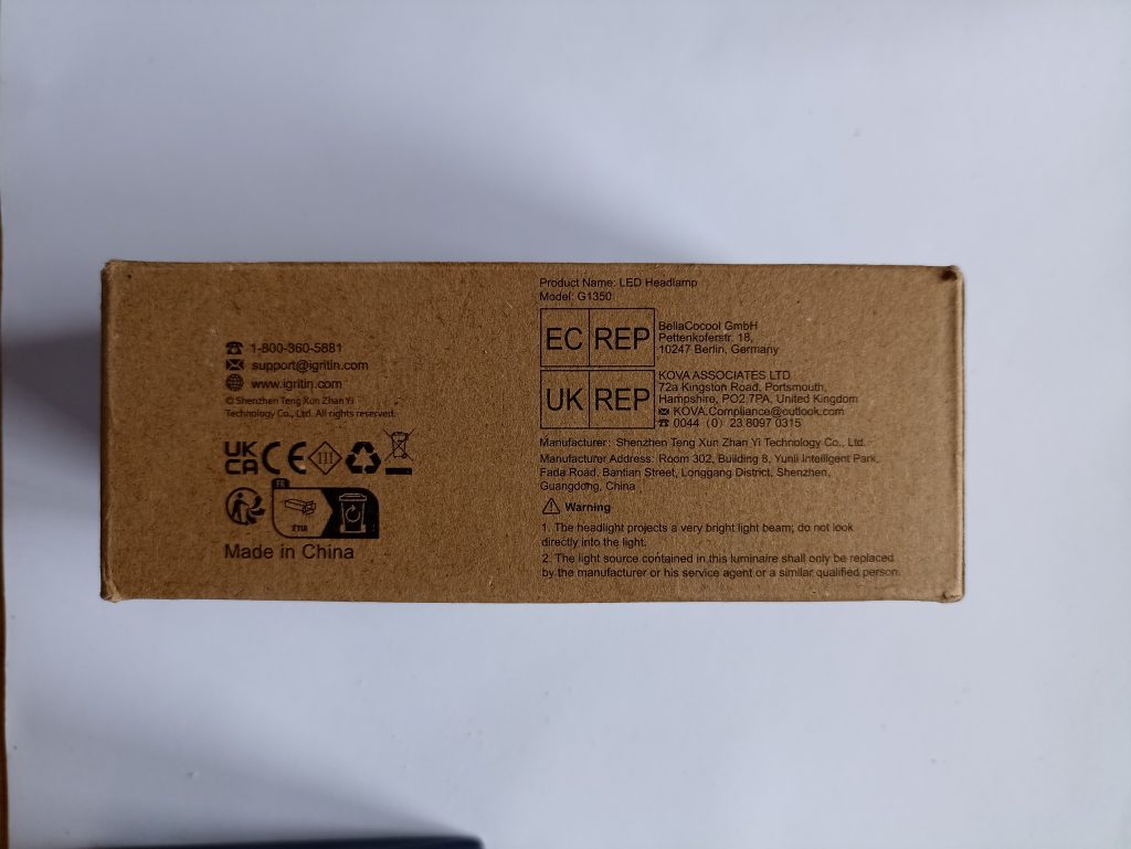 2 Gritin G1350 Stirnlampen, Rückseite der Verpackung