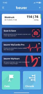 Beurer BM 85 Oberarm-Blutdruckmessgerät App Startildschirm mit letztem Messwert