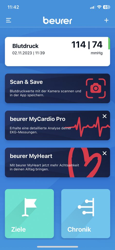 Beurer BM 85 Oberarm-Blutdruckmessgerät App Startildschirm mit letztem Messwert