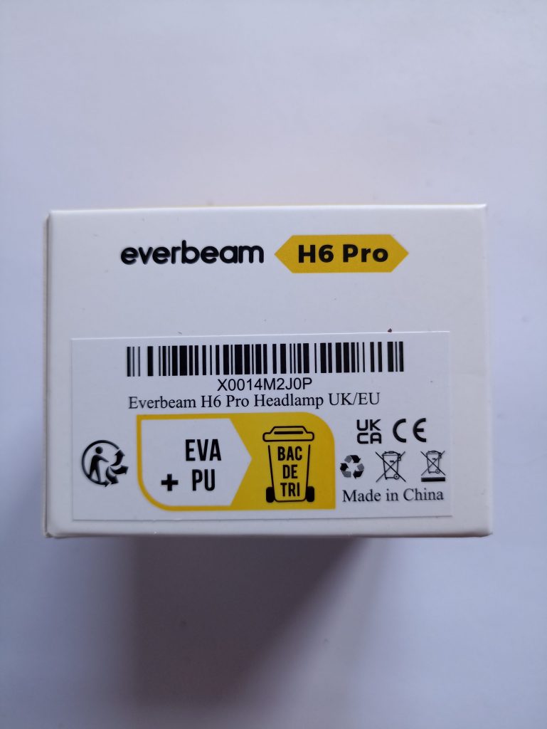 Everbeam H6 Pro Stirnlampe, Rückseite der Verpackung