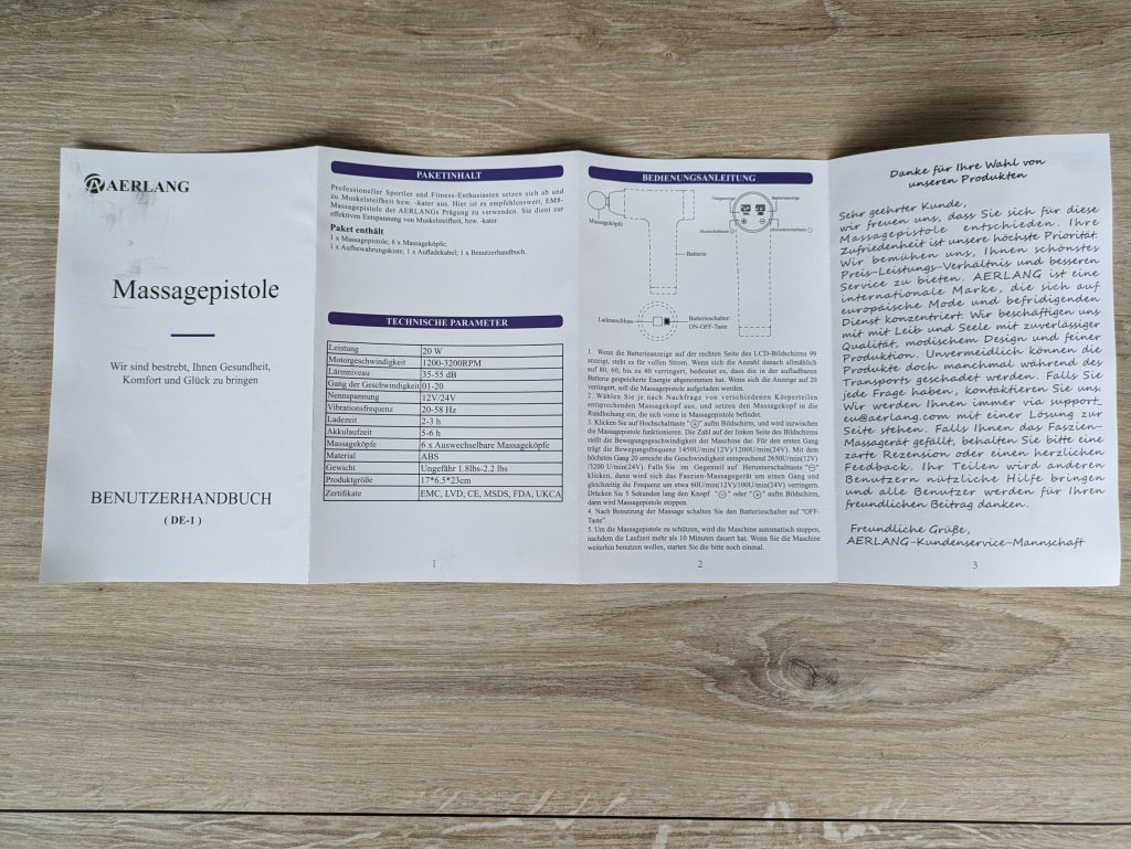 Geöffnete Anleitung der Aerlang EM-8 Massagepistole Vorderseite