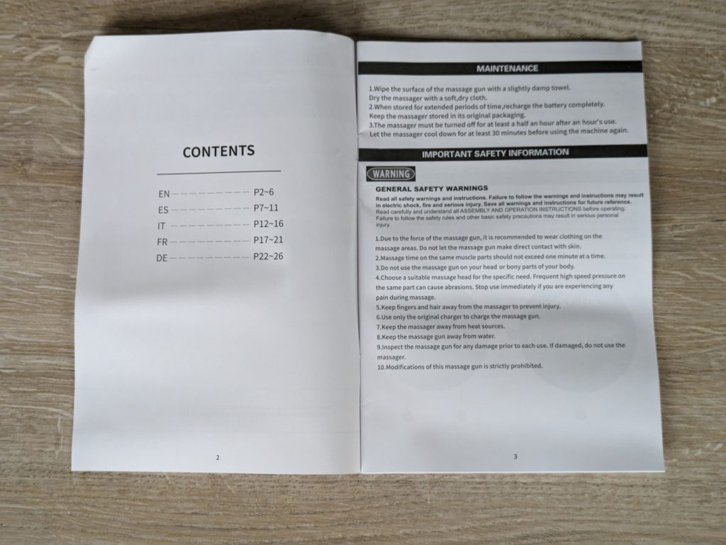 Geöffnete Anleitung der BURNNOVE XH-12V Massagepistole