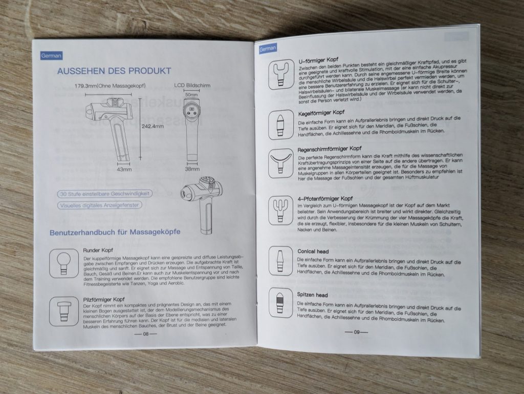Geöffnete Anleitung der MILCEA MG-029 Massagepistole