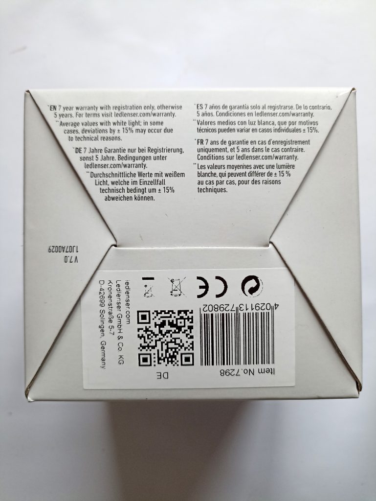Ledlenser H7R.2 Stirnlampe, Bodenansicht der Verpackung