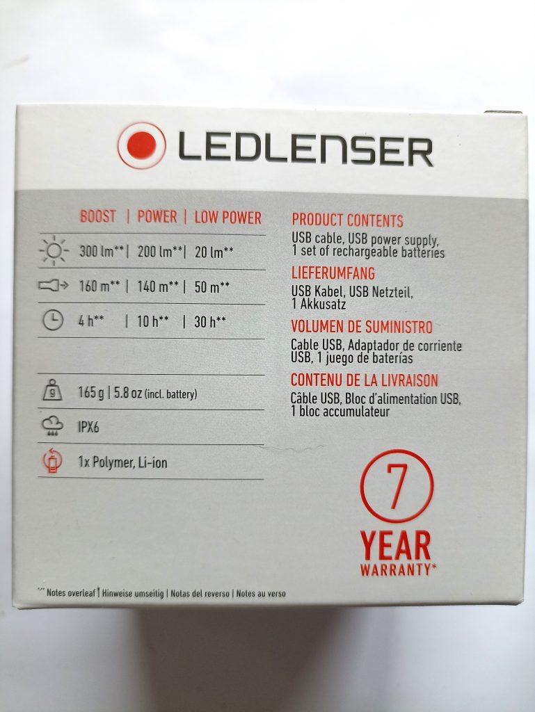 Ledlenser H7R.2 Stirnlampe, Rückseite der Verpackung