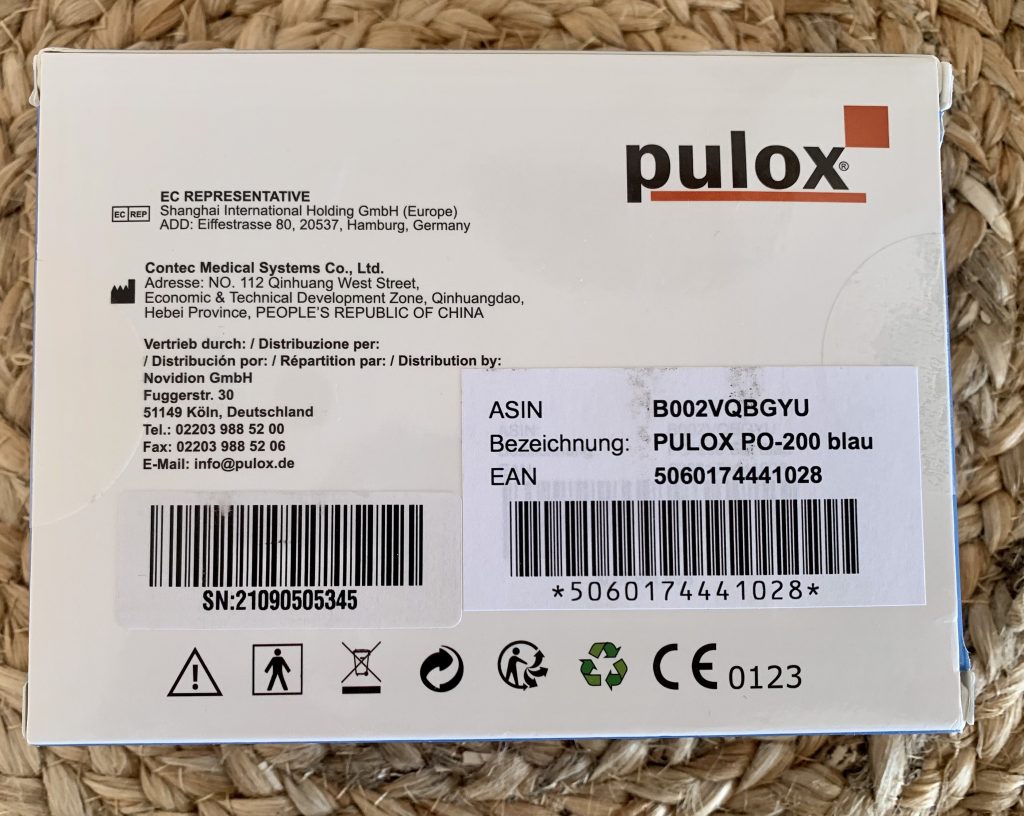 PULOX PO-200 Pulsoximeter im Karton von hinten