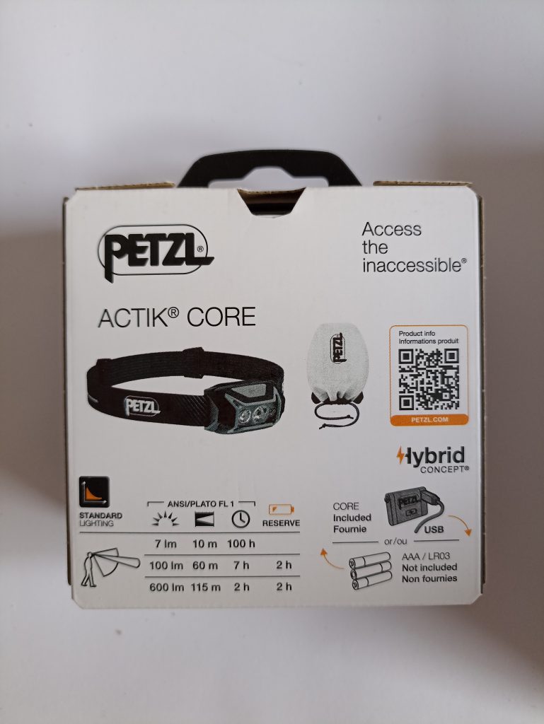 Petzl Actik Core Stirnlampe, Rückseite der Verpackung