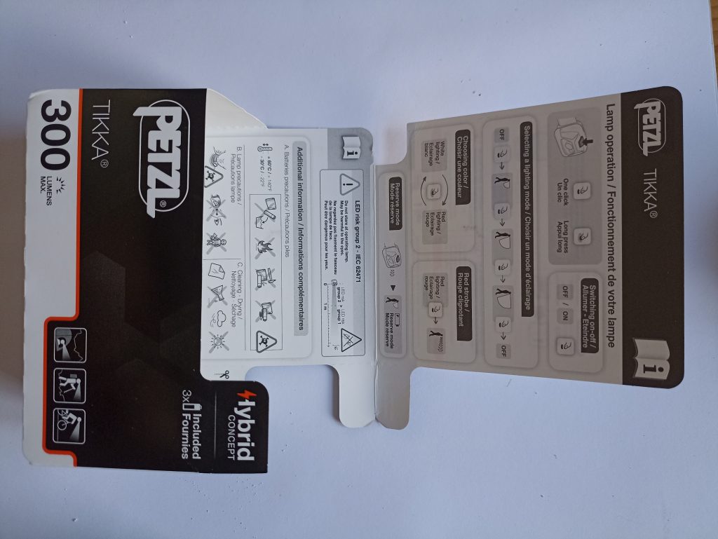 Petzl Tikka Stirnlampe, Innenansicht Verpackung, Gebrauchsanweisung