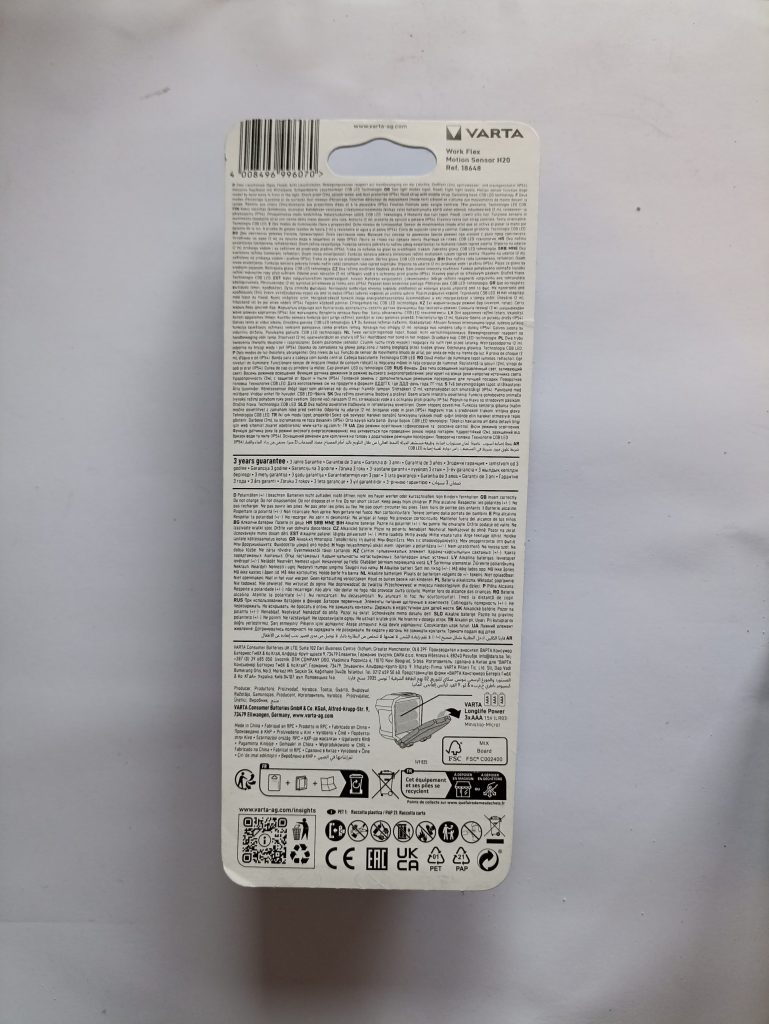 VARTA H20 Stirnlampe, Rückseite der Verpackung