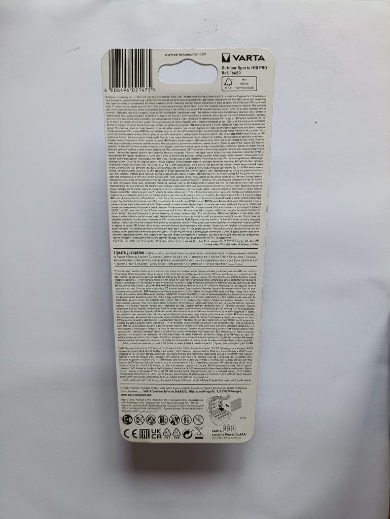 Varta H10 Pro Stirnlampe, Rückseite der Verpackung