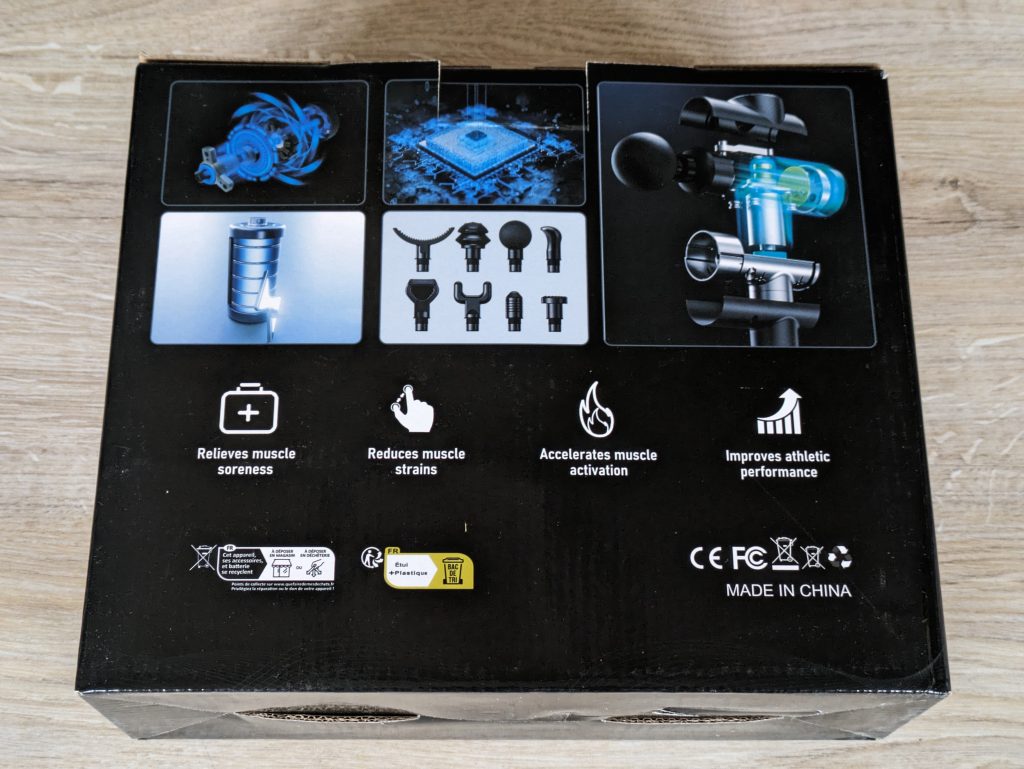 Verpackung der BURNNOVE XH-12V Massagepistole von hinten